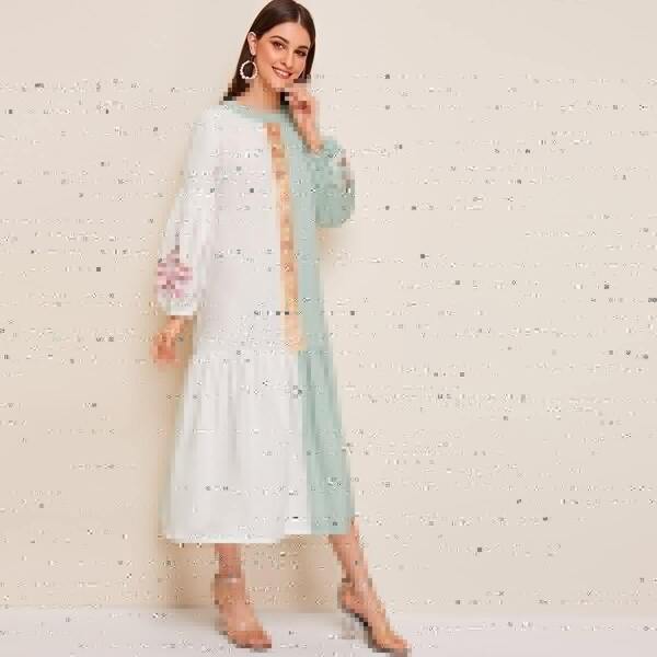 

Lantern Sleeve Embroidered Detail Two Tone Dress, Multicolor