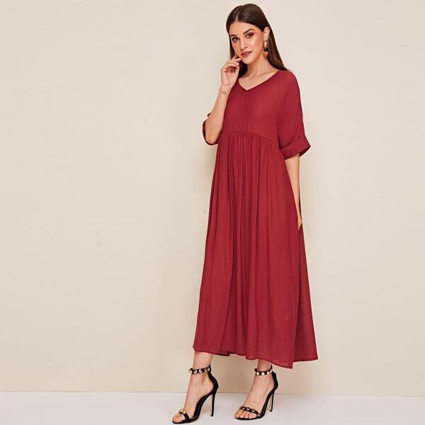 

Solid Cuffed Smock Dress, Burgundy