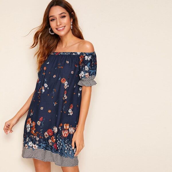 

Puff Sleeve Floral Print Bardot Dress