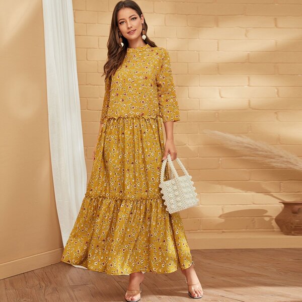 

Mock-neck Ditsy Floral Print Frill Trim Maxi Dress, Yellow