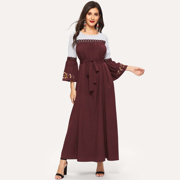 

Lace Applique Embroidered Bell Sleeve Two Tone Dress, Burgundy