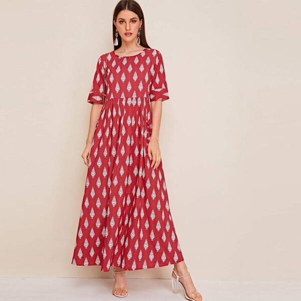 Botanical and Striped Print Maxi Dress