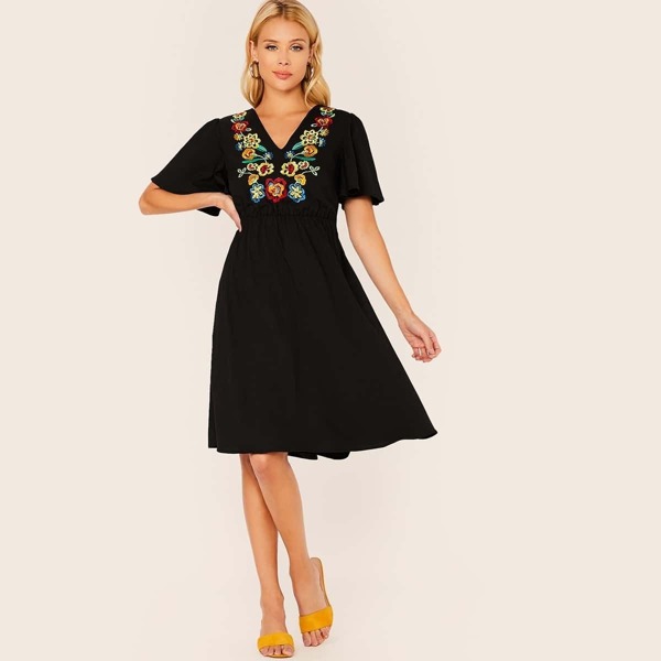 

Floral Embroidery Appliques Front Flutter Sleeve Dress, Black