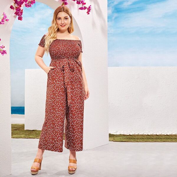 

Plus Ditsy Floral Print Shirred Bodice Palazzo Bardot Jumpsuit, Red
