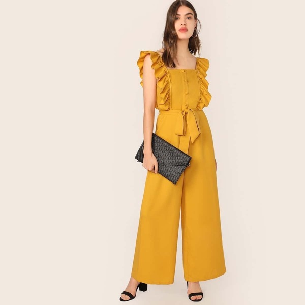

Ruffle Trim Button Front Belted Palazzo Jumpsuit, Yellow