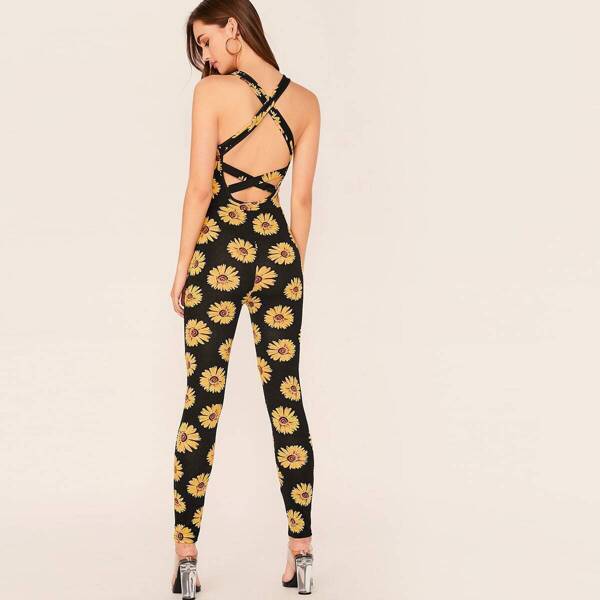 

Sunflower Print Crisscross Backless Skinny Jumpsuit, Multicolor