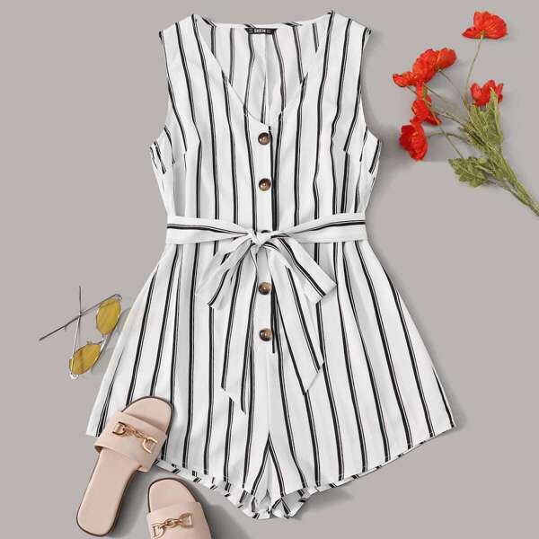 

Buttoned Front Belted Striped Romper