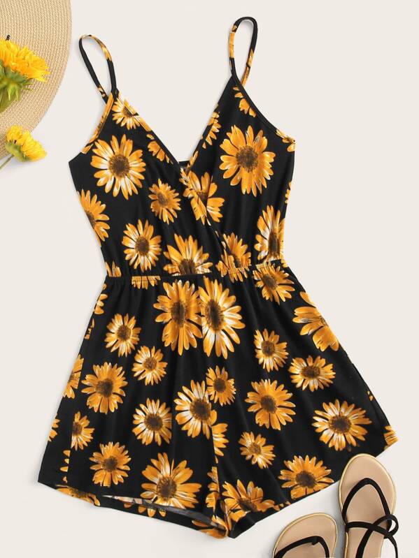 

Surplice Neck Sunflower Print Cami Romper, Multicolor