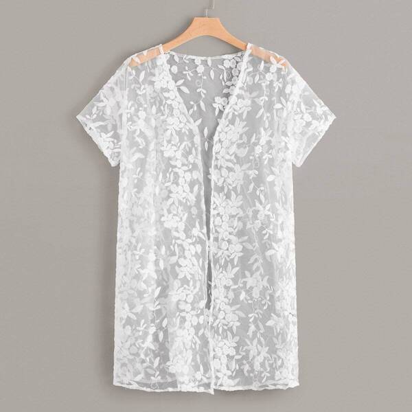 

Plus Solid Sheer Embroidered Mesh Kimono