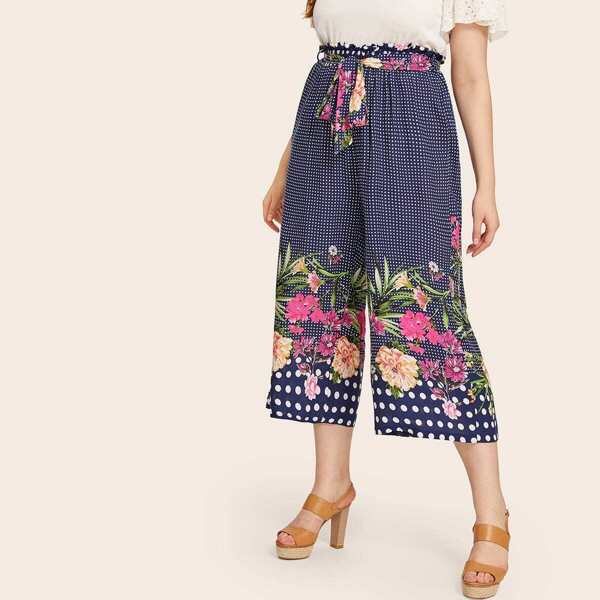 

Plus Paperbag Waist Floral and Polka-dot Wide Leg Pants, Multicolor