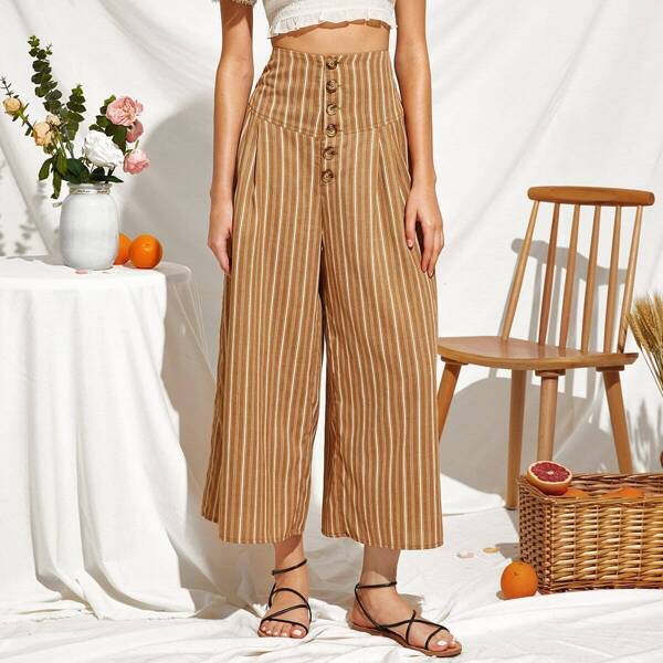 

Wideband Waist Button Front Shirred Back Striped Pants, Camel