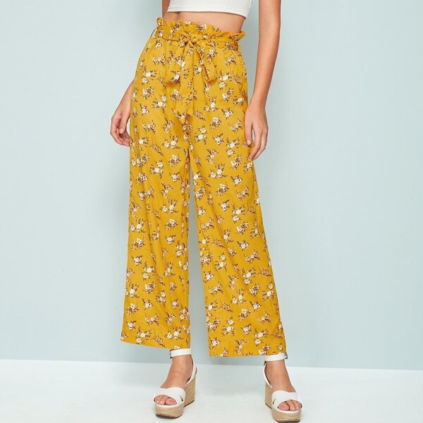 

Paperbag Waist Ditsy Floral Belted Pants, Yellow bright