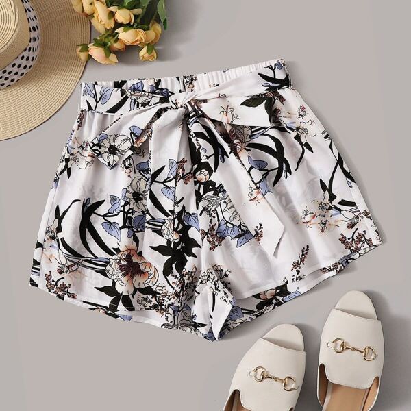

Botanical Print Self Belted Shorts