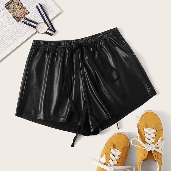 

Drawstring Waist Leather Look Shorts, Black