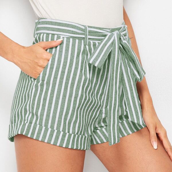 

Striped Roll Up Hem Belted Shorts, Green pastel