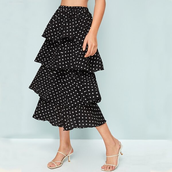 

Elastic Waist Layered Ruffle Trim Dot Skirt