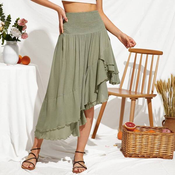 

Shirred High Waist Asymmetrical Hem Flowy Skirt, Green