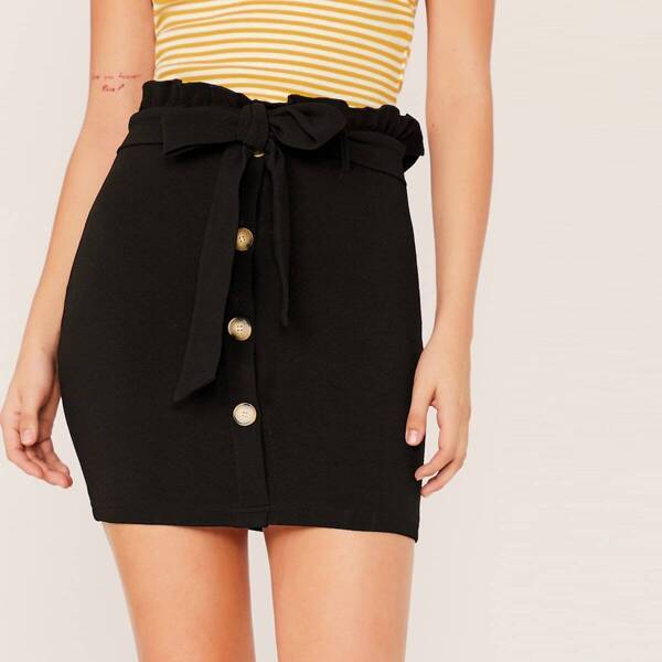 

Paperbag Waist Button Front Pencil Skirt With Belt