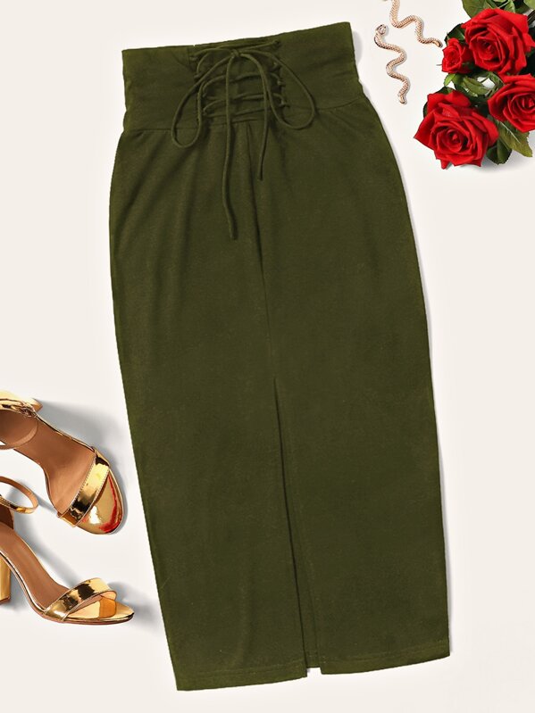 

Lace Up Waist Slit Hem Skirt, Army green