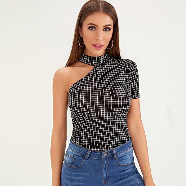 

One Shoulder Choker Neck Grid Top