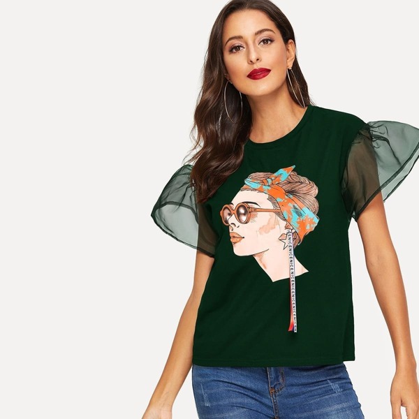 

Organza Sleeve Figure Print Top