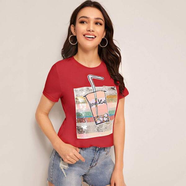 

Contrast Sequin Patch Tee, Red bright