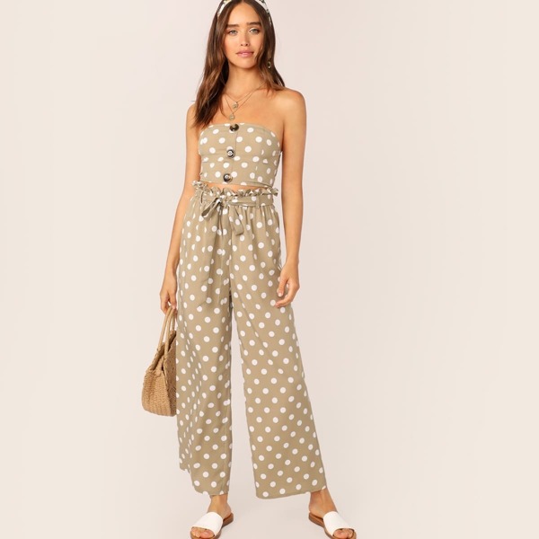 

Button Detail Bandeau Top and Paperbag Waist Pants Set