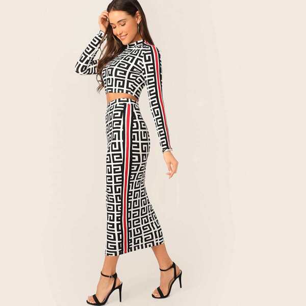 

Greek Fret Print Striped Tape Side Top and Skirt Set