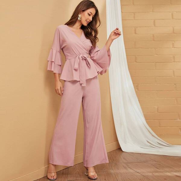 

Layered Bell Sleeve Tie Side Wrap Top and Pants Set, Pink