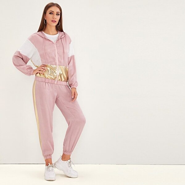 

Cut-and-Sew Metallic Panel Zip Satin Hoodie & Pants Set, Multicolor