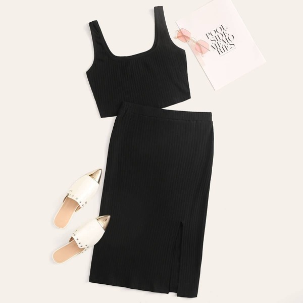 

Solid Rib-knit Tank Top & Split Hem Skirt Set