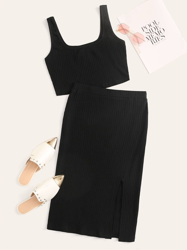 

Solid Rib-knit Tank Top & Split Hem Skirt Set, Black