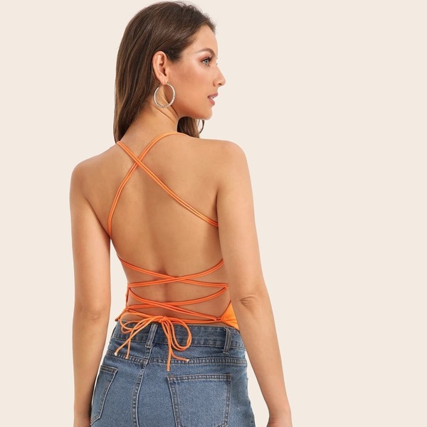 

Neon Orange Lace Up Back Halter Top