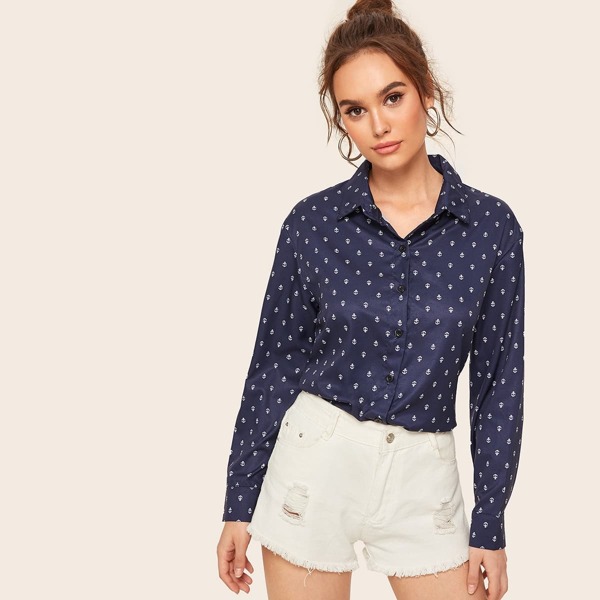 

Anchor Print Single Breasted Blouse