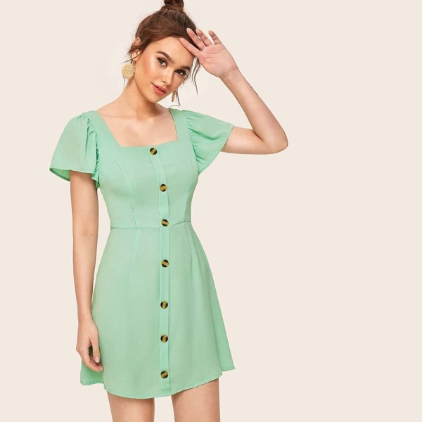 

Square Neck Button Front Shirred Dress