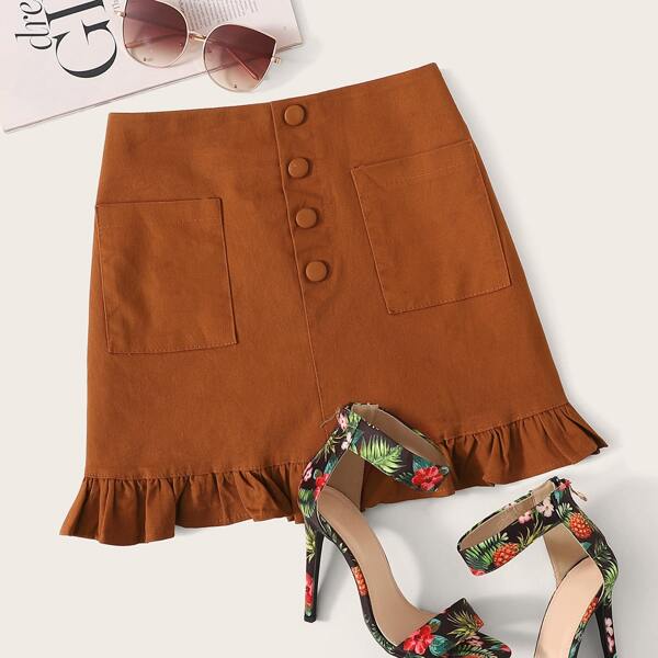 

Pocket Ruffle Hem Button Skirt