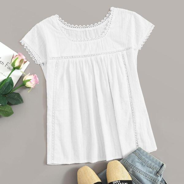 

Swiss Dot Contrast Lace Trim Blouse