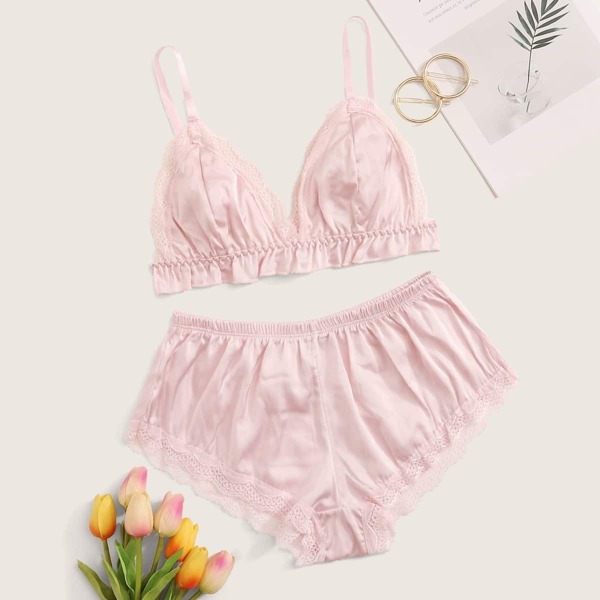 

Lace Trim Satin Lingerie Set