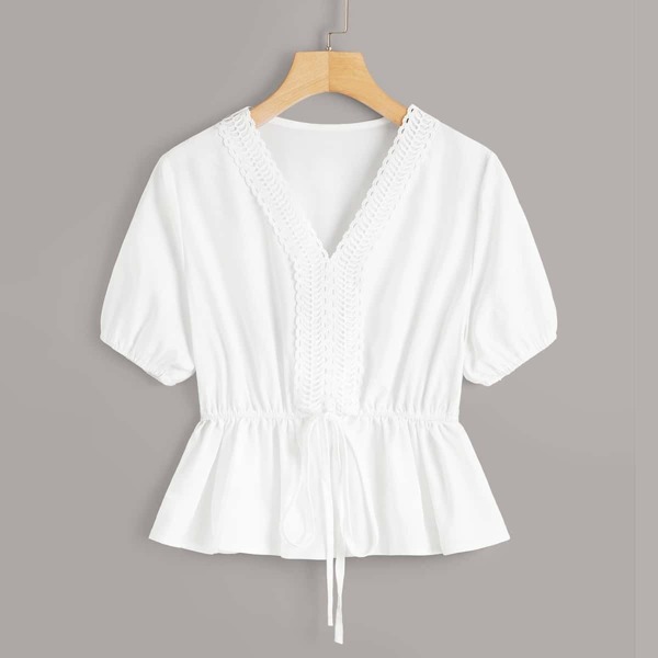

Solid Lace Trim Belted Peplum Top