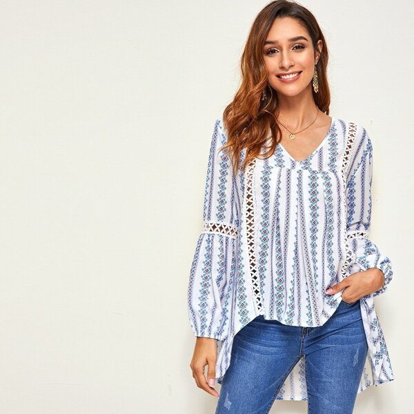 

Tribal Print Fold Pleat High Low Hem Top