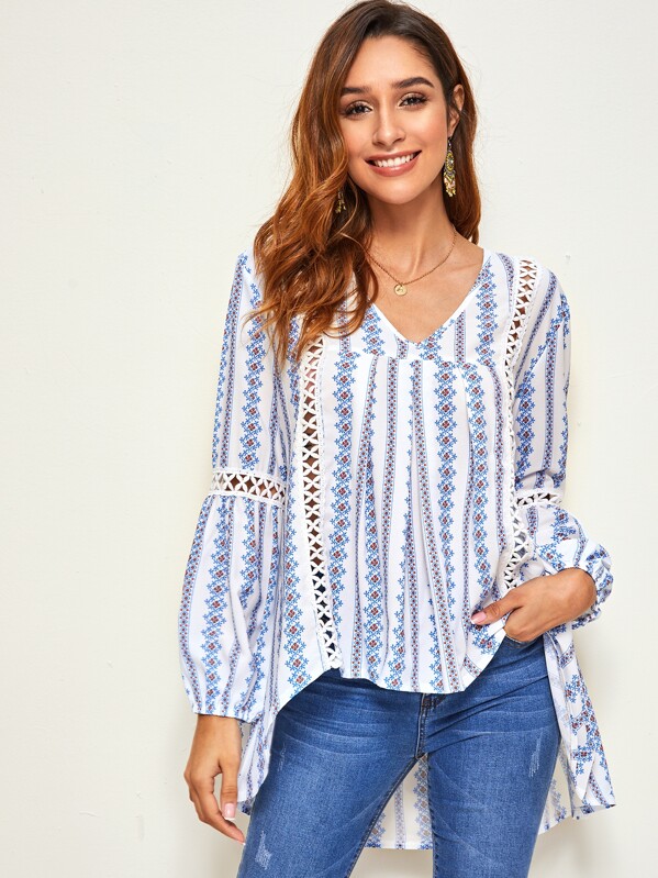 

Tribal Print Fold Pleat High Low Hem Top, Multicolor, Gabi B