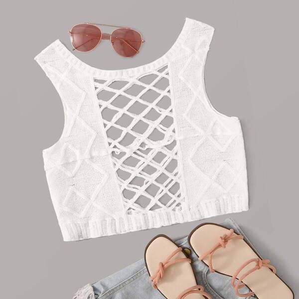 

Solid Cut-out Sheer Crochet Crop Cover Up, White