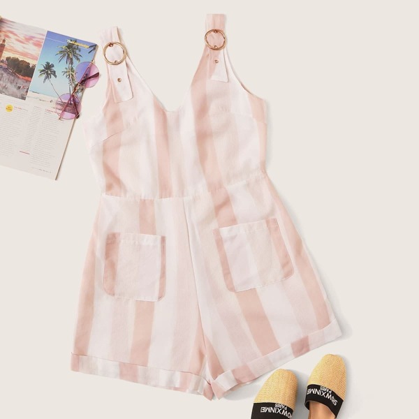 

Adjustable Strap Pocket Front Striped Romper, Pink pastel