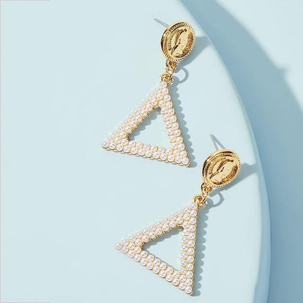 

Coin & Faux Pearl Open Triangle Drop Earrings 1pair