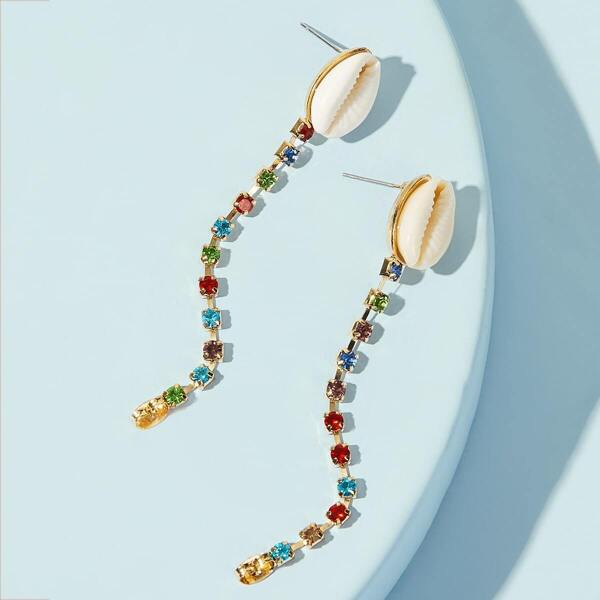 

Shell & Rhinestone Engraved Bar Drop Earrings 1pair, Multicolor