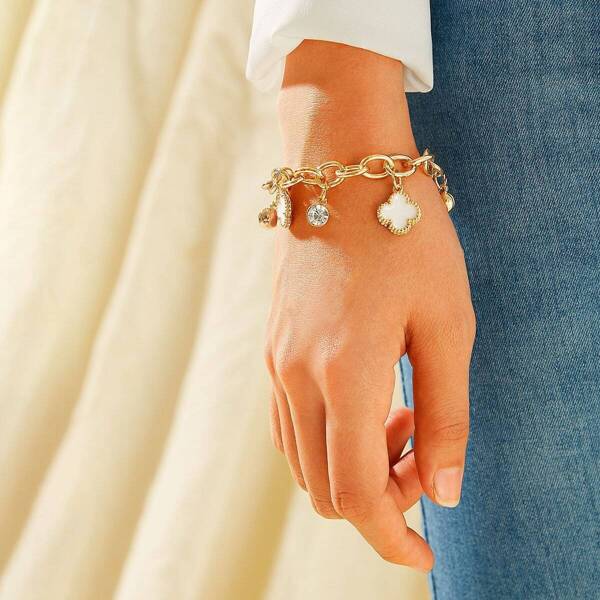 

Clover & Rhinestone Charm Chain Bracelet 1pc