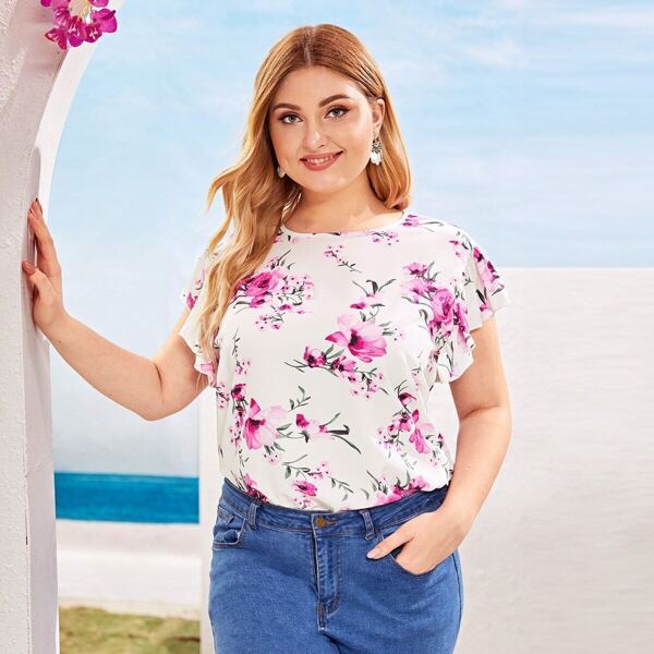 

Plus Floral Print Butterfly Sleeve Blouse