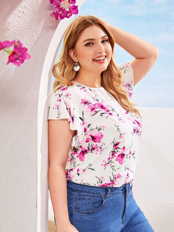 

Plus Floral Print Butterfly Sleeve Blouse, Multicolor, Nora