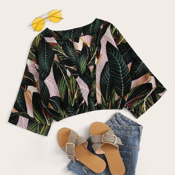 

V-neck Plants Print Crop Blouse