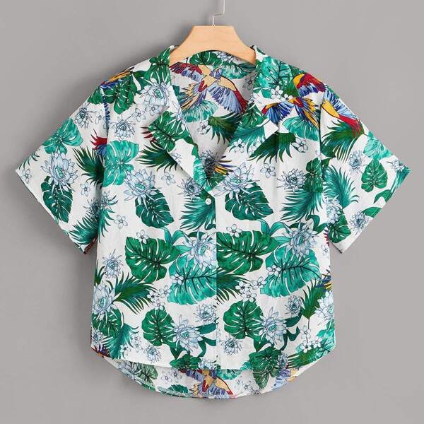

Plus Tropical & Bird Print High Low Shirt